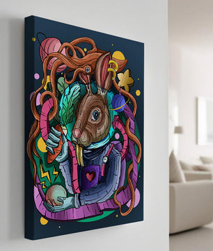 Ilustración abstracta colorida de un conejo en el espacio con pulpo, planetas y zanahoria