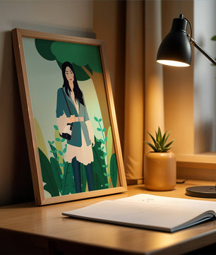 Illustrative portrait of a woman in a stylish outfit with nature backdrop