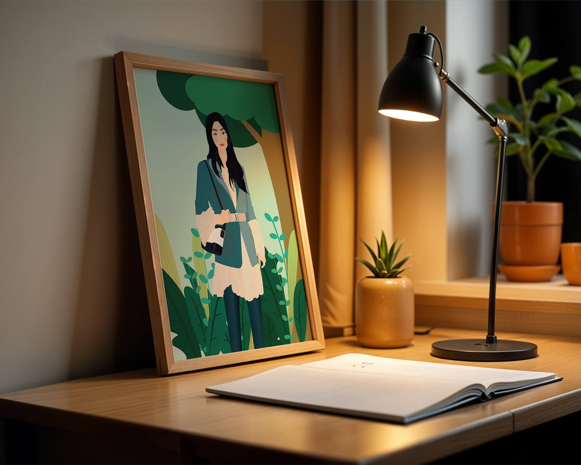 Illustrative portrait of a woman in a stylish outfit with nature backdrop
