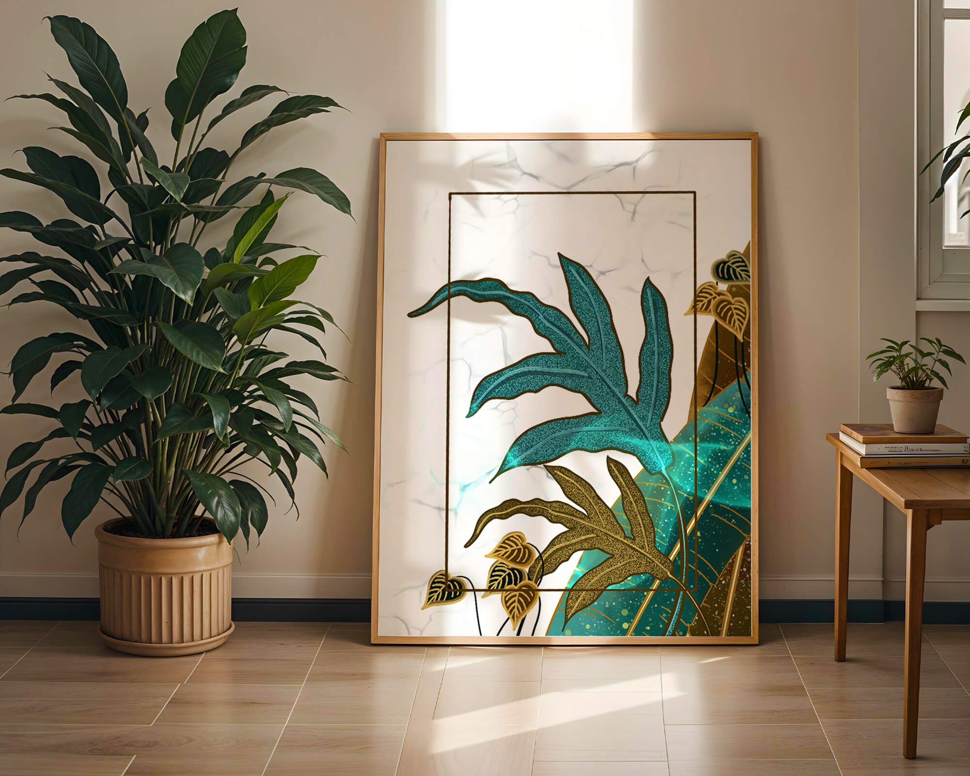 Abstract botanical art with blue and gold leafy designs