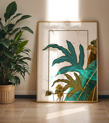 Abstract botanical art with blue and gold leafy designs