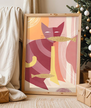 Abstract cat artwork with gold accents and colorful patterns