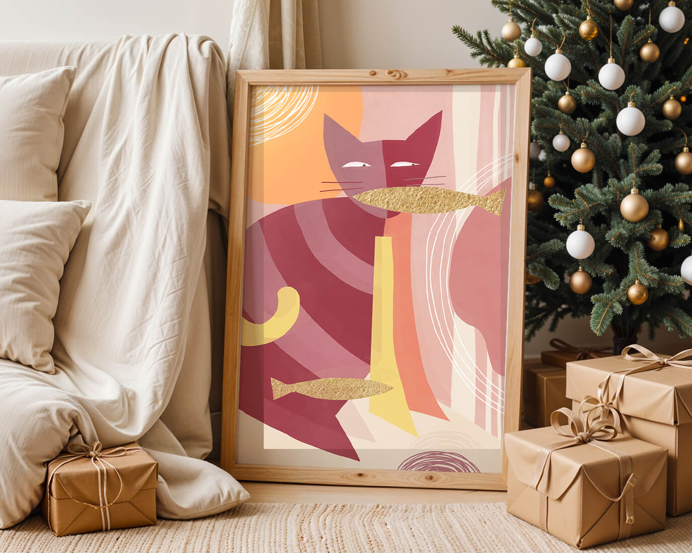 Abstract cat artwork with gold accents and colorful patterns
