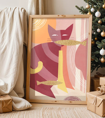 Abstract cat artwork with gold accents and colorful patterns