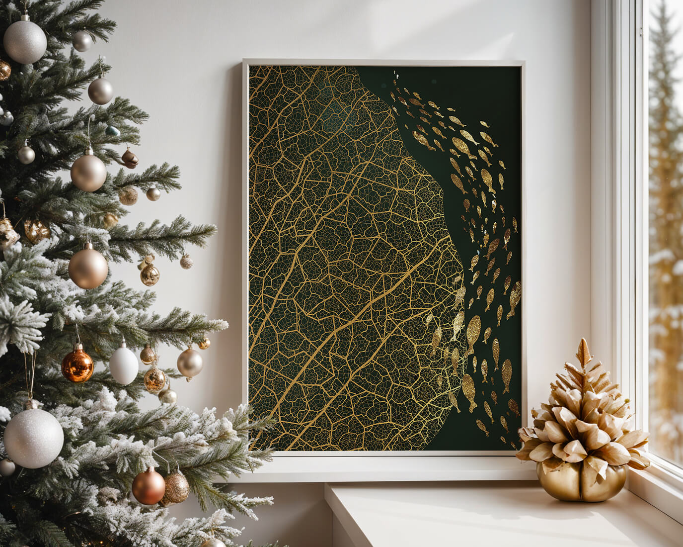Hoja abstracta con patrón geométrico y siluetas de peces