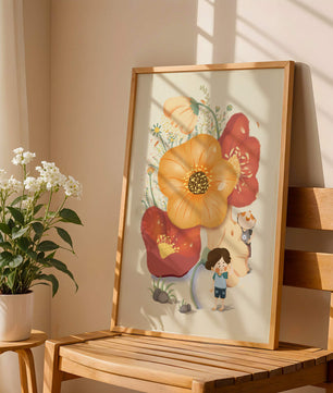 Charming Illustration of Children among Large Flowers with Playful Puppy