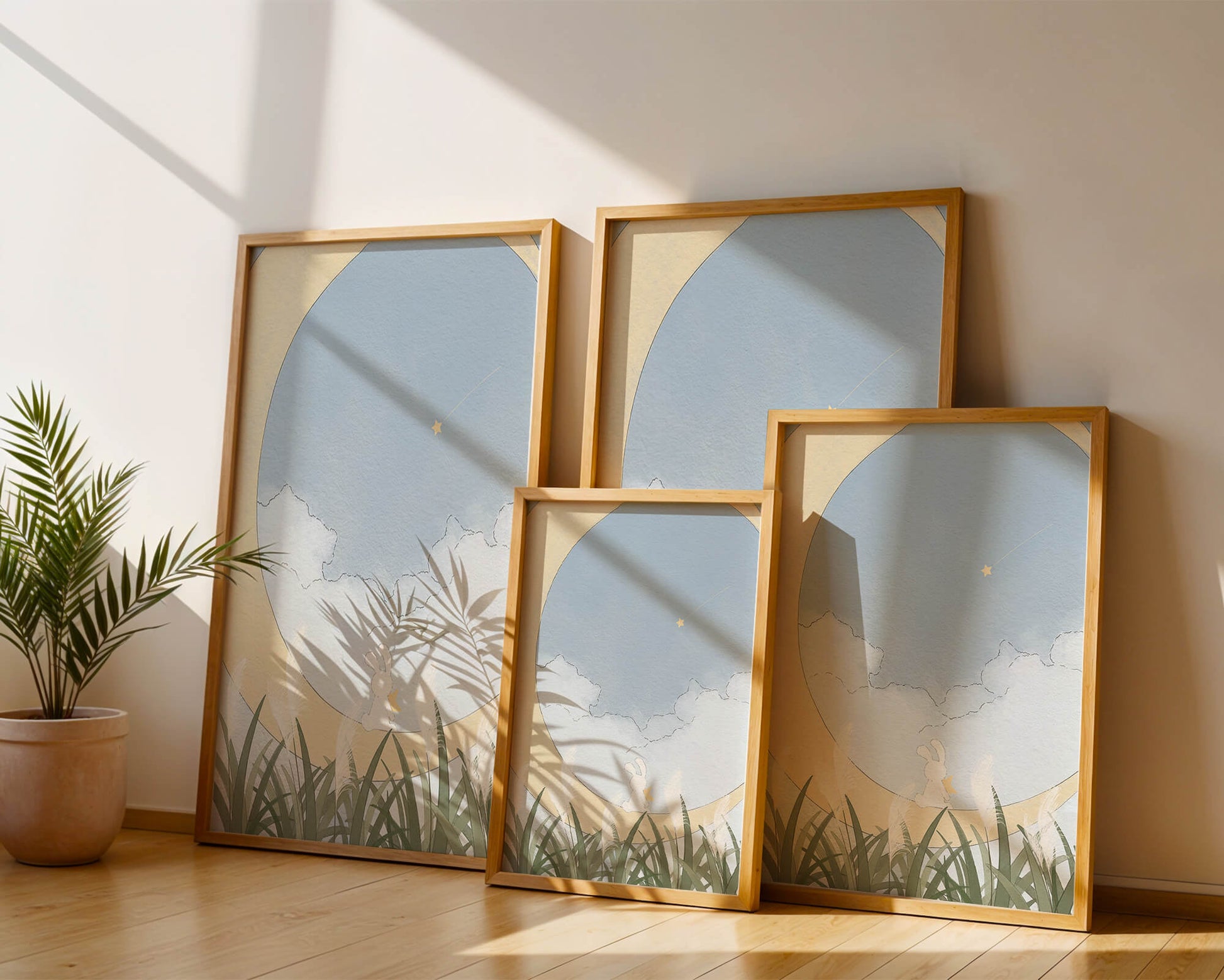 Dreamy Rabbit Sitting on Crescent Moon with Star and Clouds in Sky