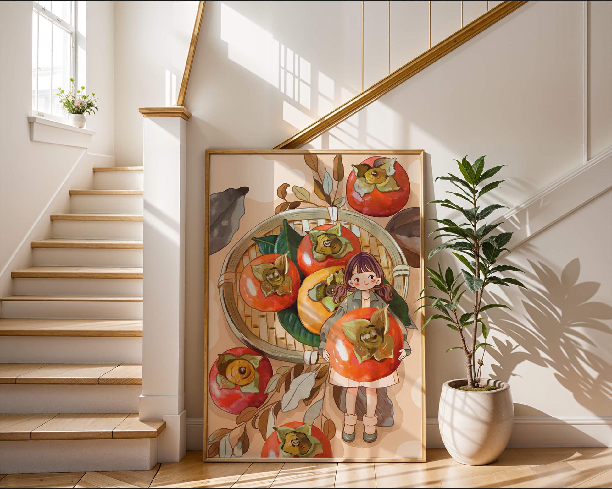 Joven sosteniendo un dátil en una escena de cosecha caprichosa