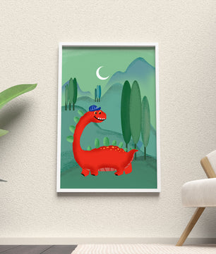 Whimsical red dinosaur in a serene nighttime forest