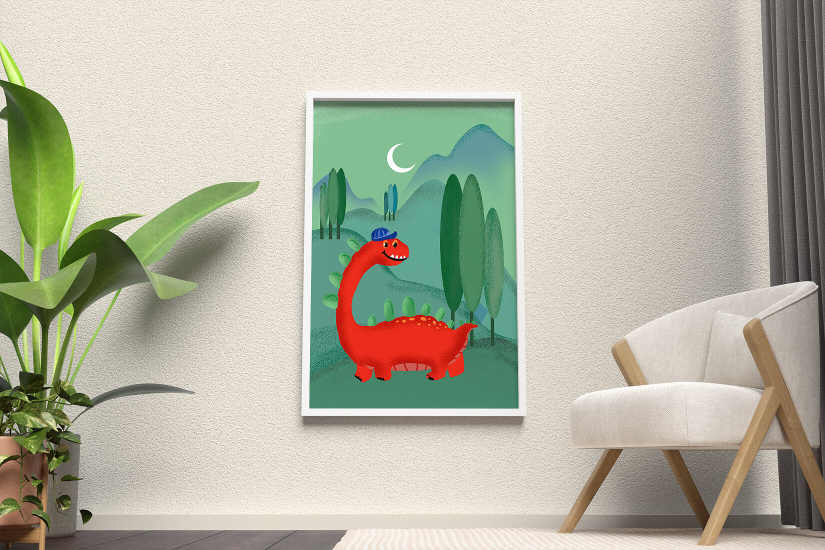 Whimsical red dinosaur in a serene nighttime forest