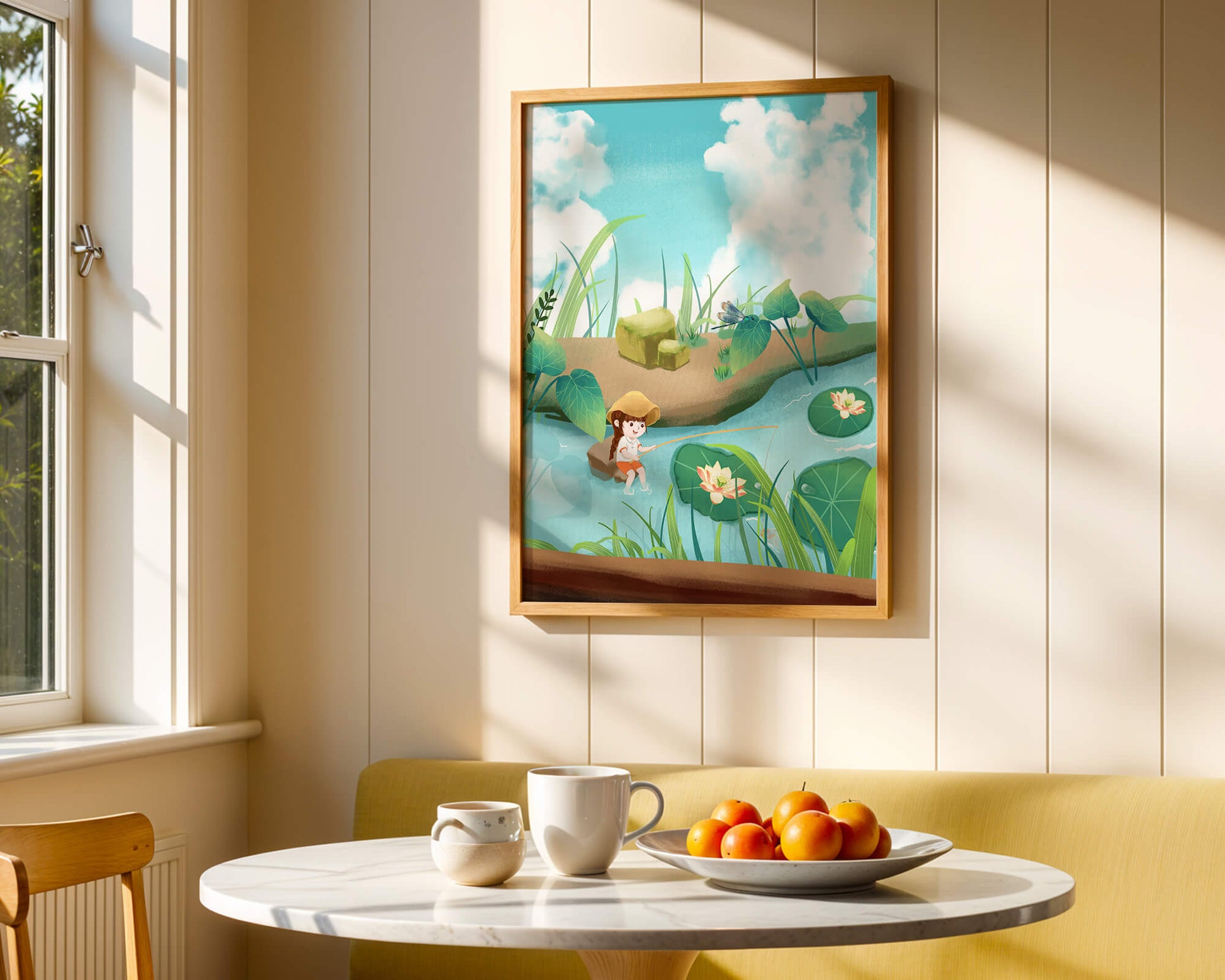 Ruhige Illustration eines Kindes, das an einem Teich mit Seerosen angelt