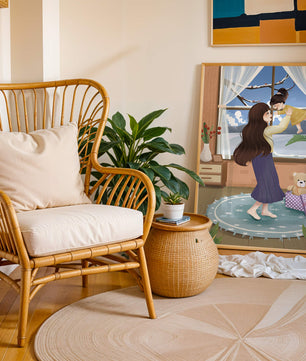 Mother and child bonding in a vibrant living room