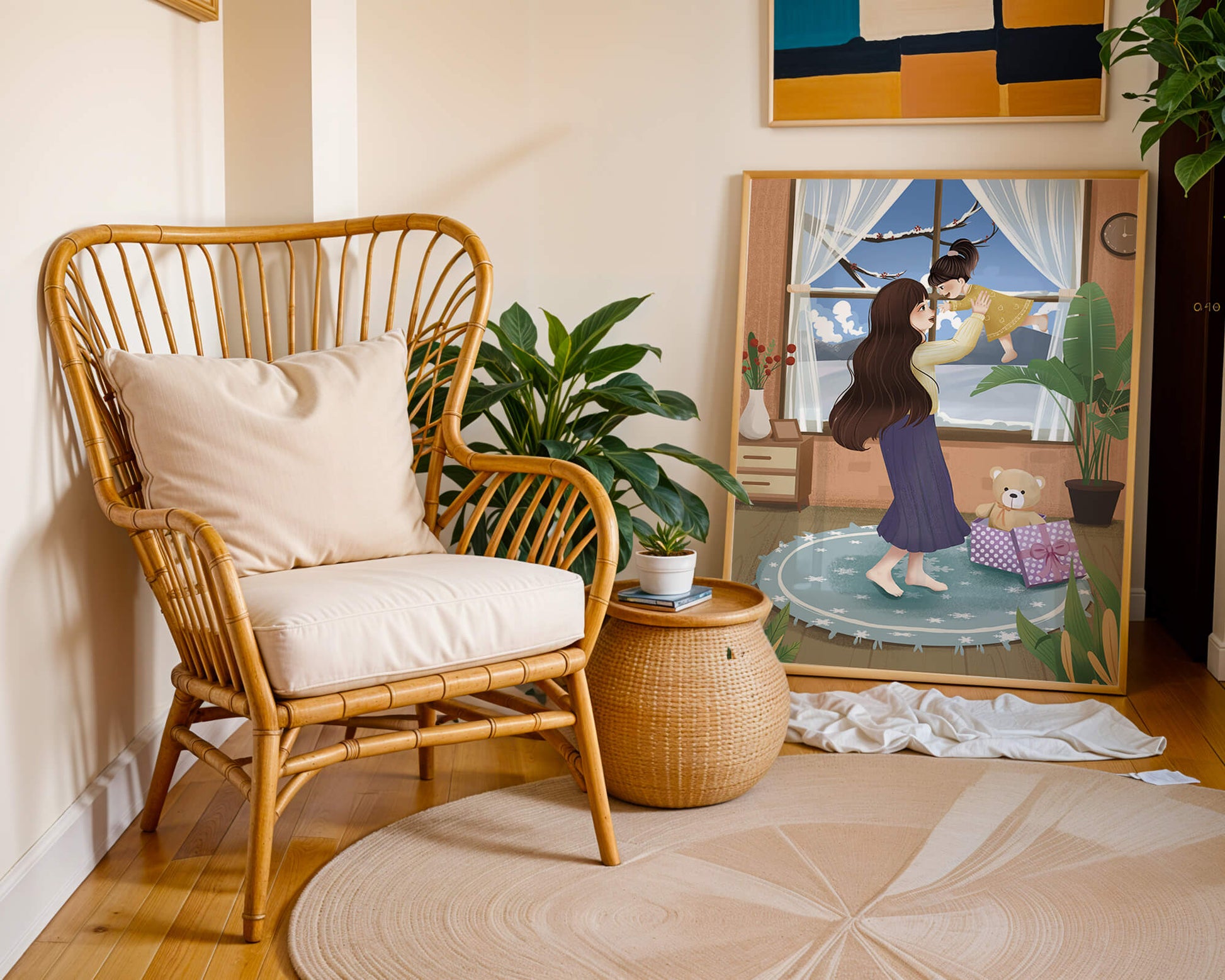 Mother and child bonding in a vibrant living room