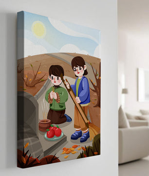Niños participando en un ritual de otoño con ofrendas e incienso