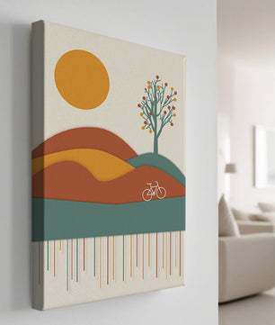 Abstract landscape with bicycle and tree in vibrant colors
