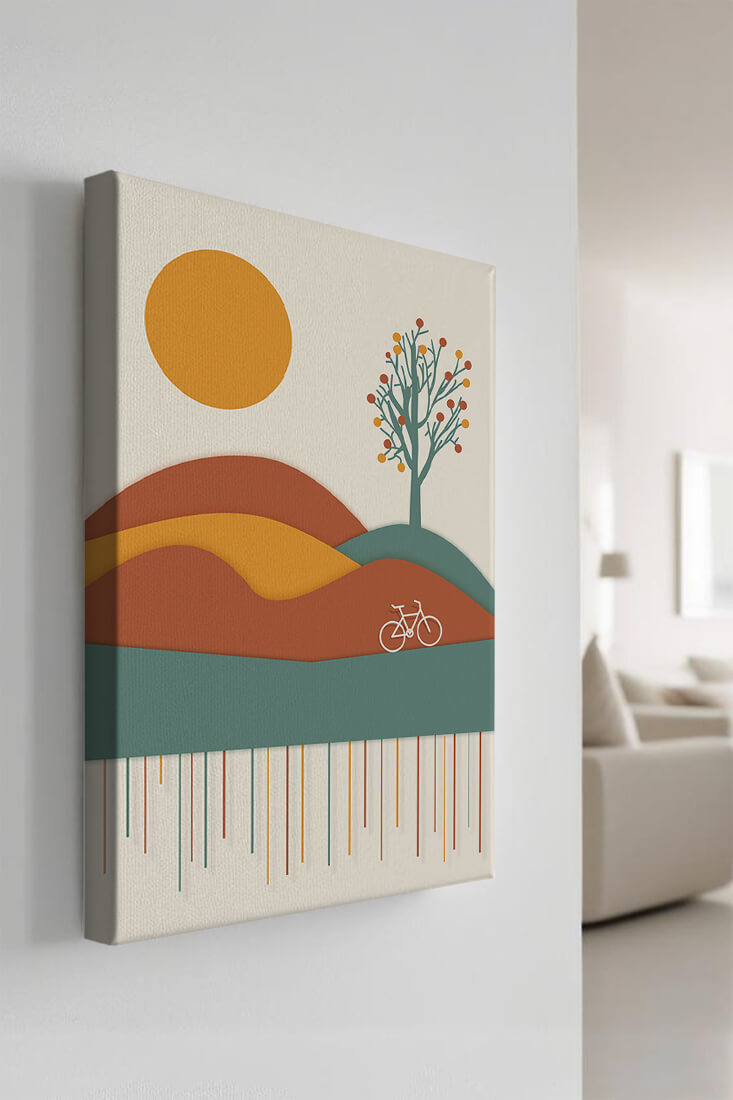 Abstract landscape with bicycle and tree in vibrant colors