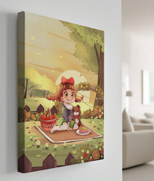 Whimsical picnic scene with a young girl and teddy bear under sunset in vibrant meadow