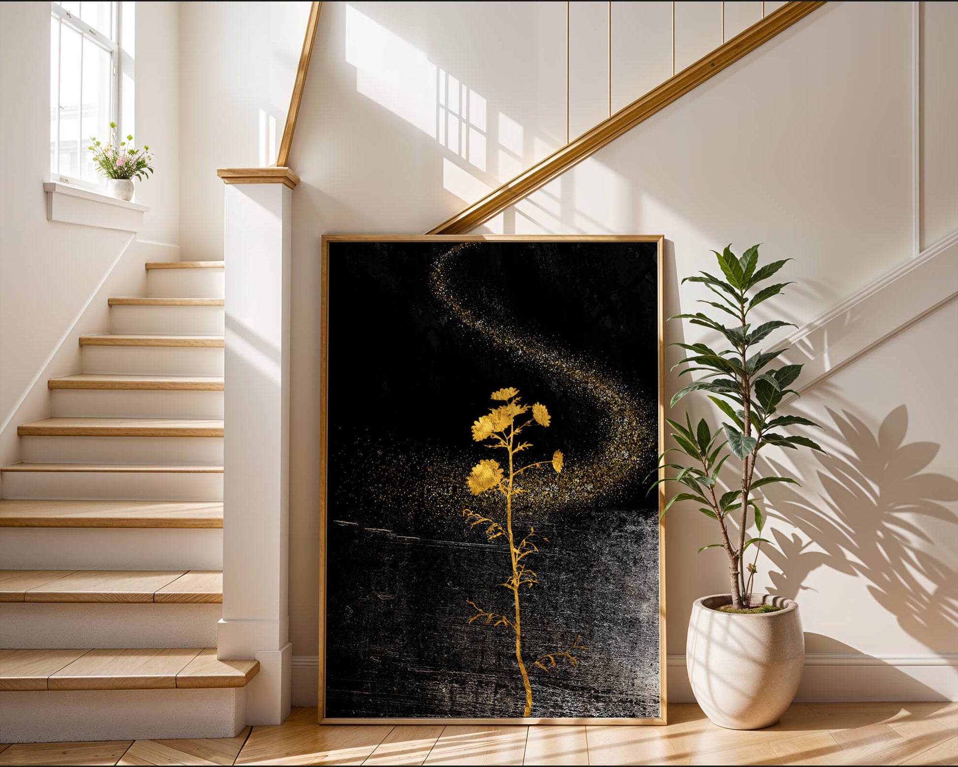Golden Flowers on Black Background with Sparkling Dust