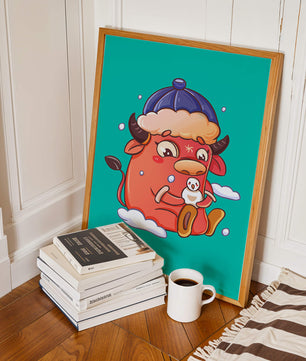 Winter cow cartoon with snowman on turquoise background