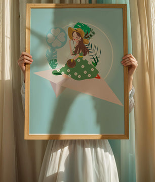 Mujer en un avión de papel con fondo de tema tropical