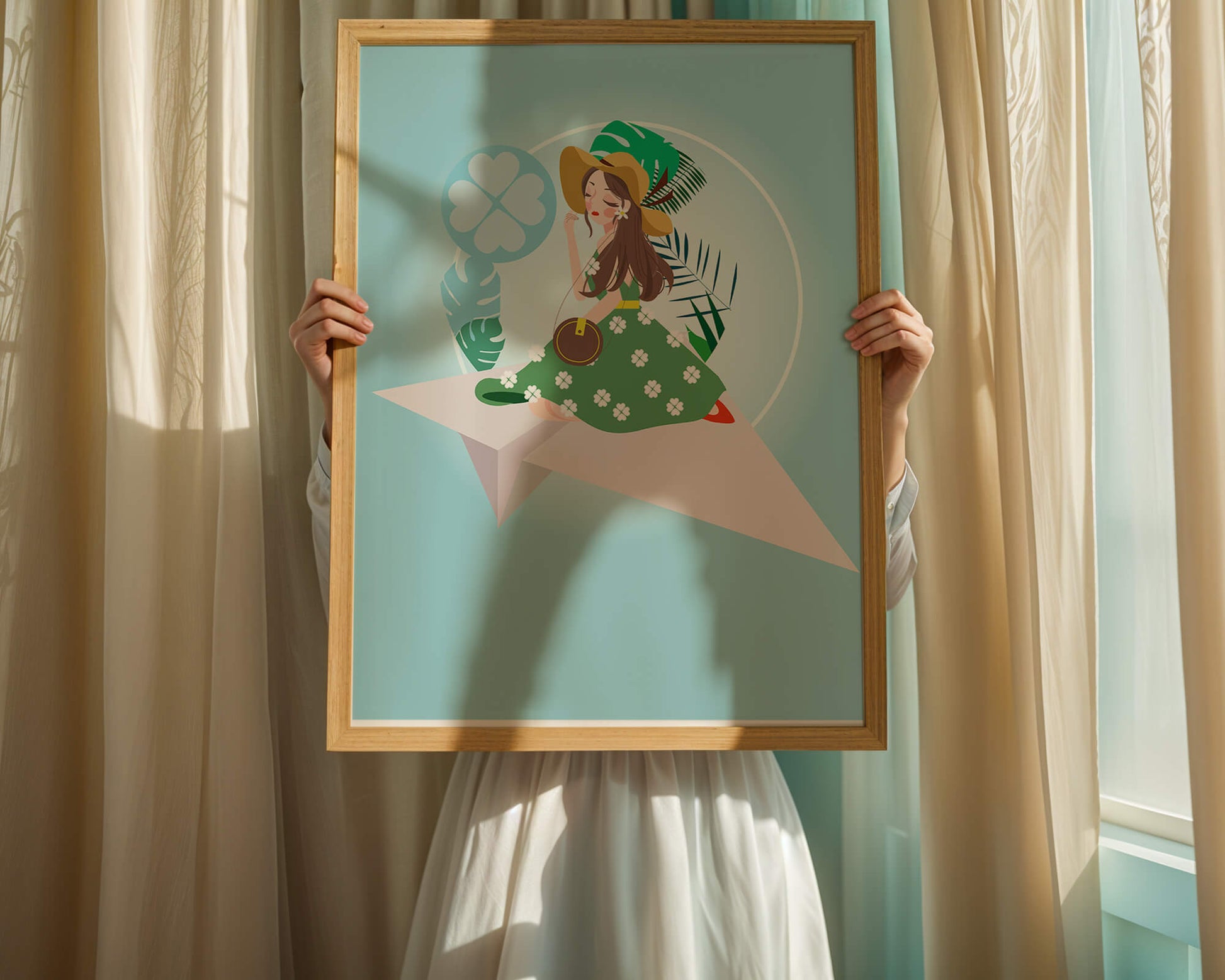Woman on paper plane with tropical theme background