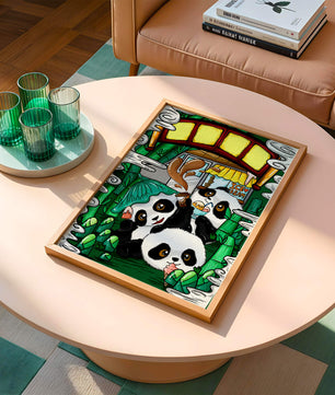 Ilustración de pandas encantadores disfrutando de helado bajo un puente de bambú