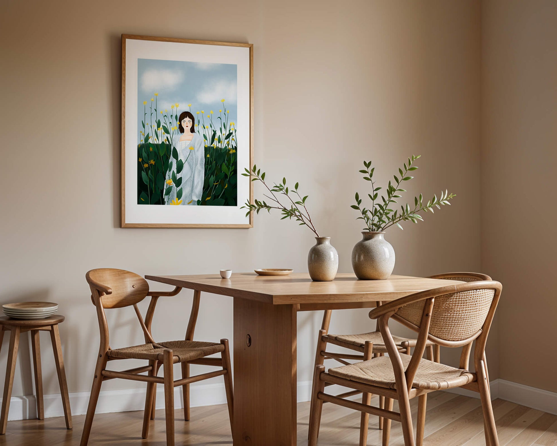 Mujer con abrigo blanco entre flores amarillas