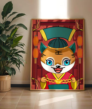 Tigre de dibujos animados colorido con linternas y elementos tradicionales