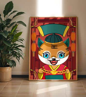 Colorful cartoon tiger with lanterns and traditional elements