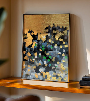 Abstract art with gold and colorful brushstrokes