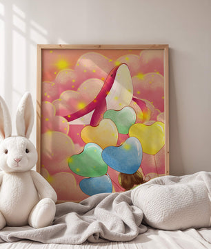 Globos con forma de corazón y ballena en una escena caprichosa y colorida