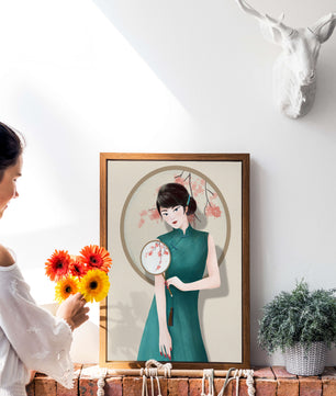 Elegante Illustration einer Frau in traditioneller Kleidung mit einem Fächer mit Kirschblüten