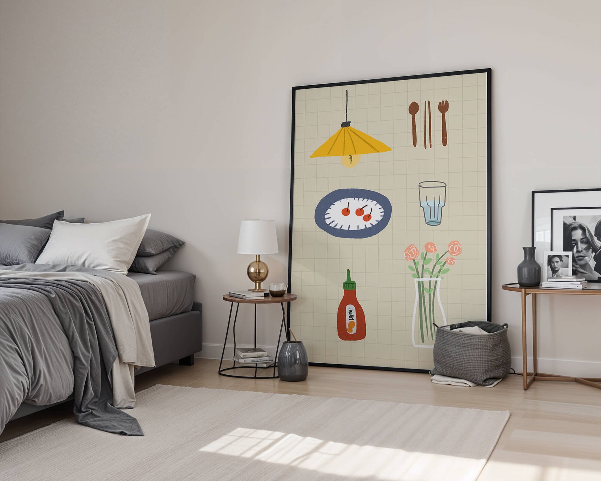 Artículos de cocina ilustrados que incluyen lámpara, utensilios y flores