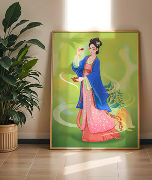 Diseño elegante de mujer en vestimenta tradicional del Este Asiático