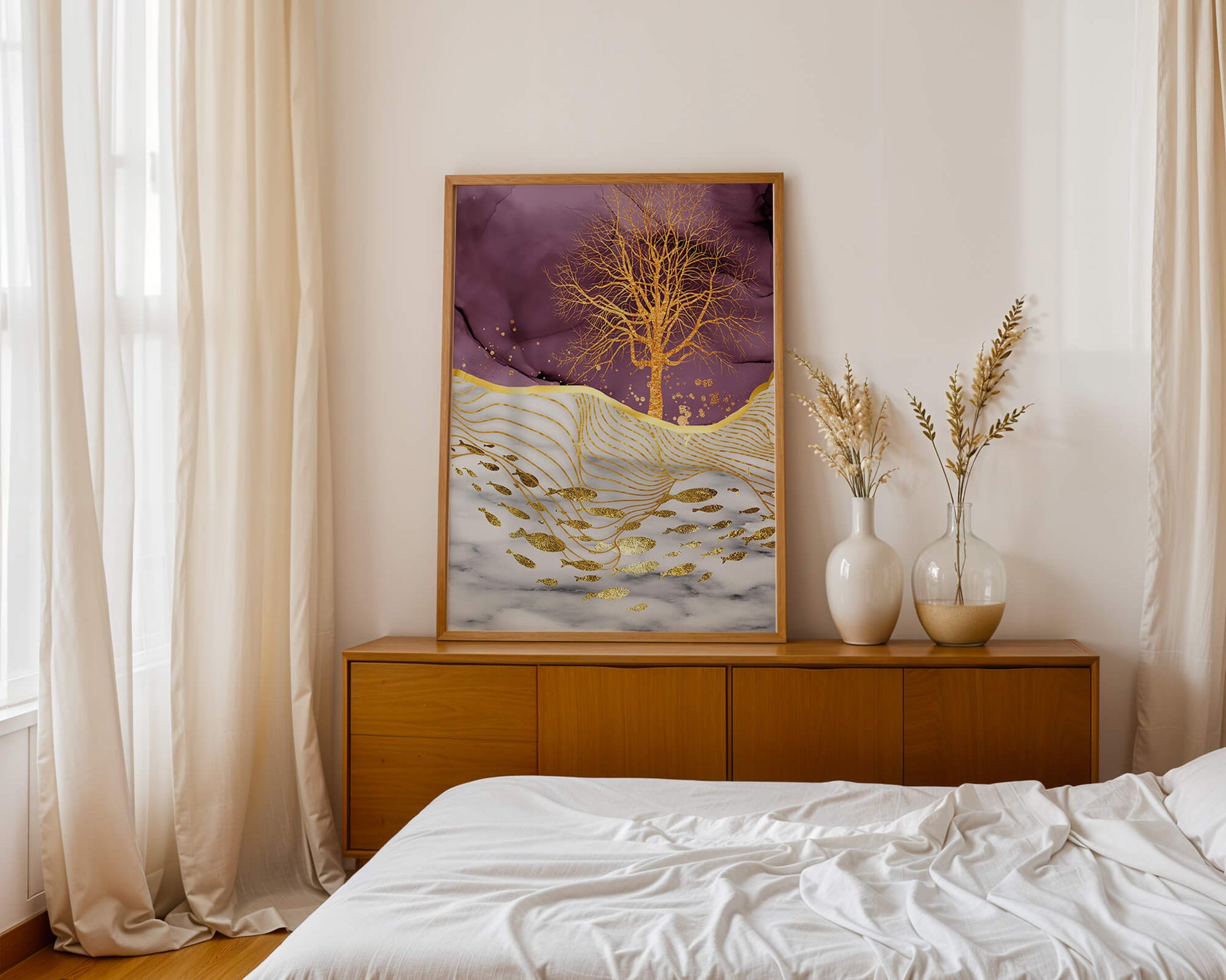 Abstract Tree with Gold Fish on Marble Background