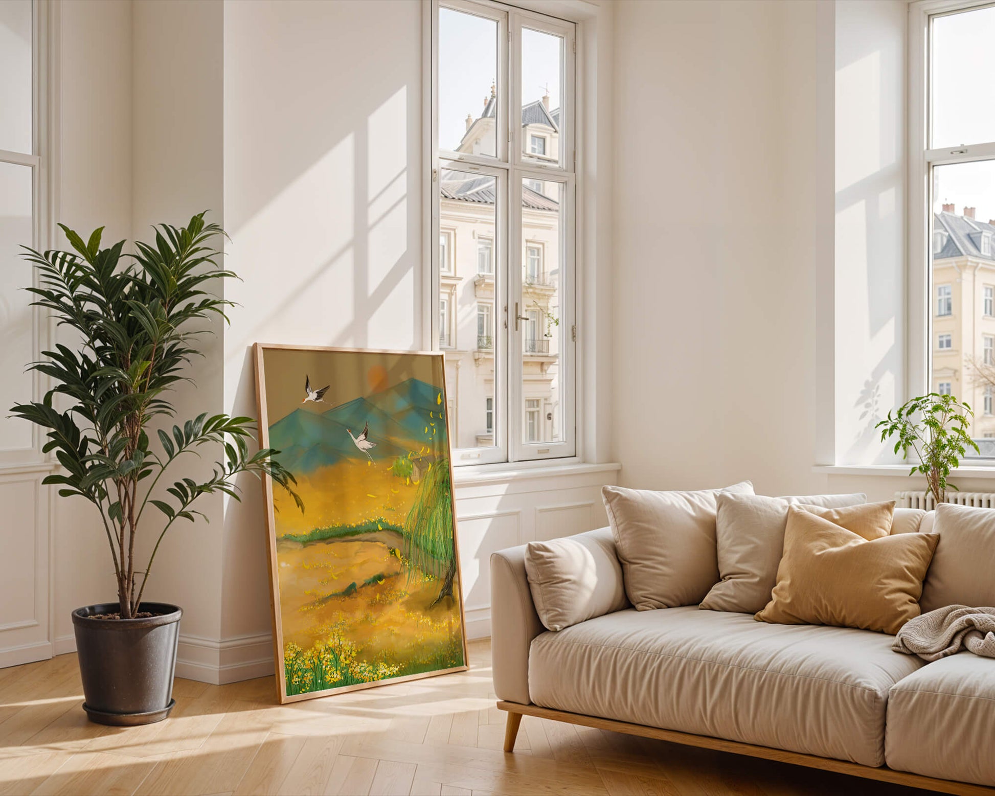 Ruhige Landschaft mit fliegenden Kranichen und goldenen Blüten