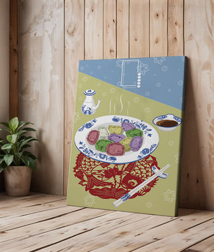 Colorful dumplings and tea set on decorative mat