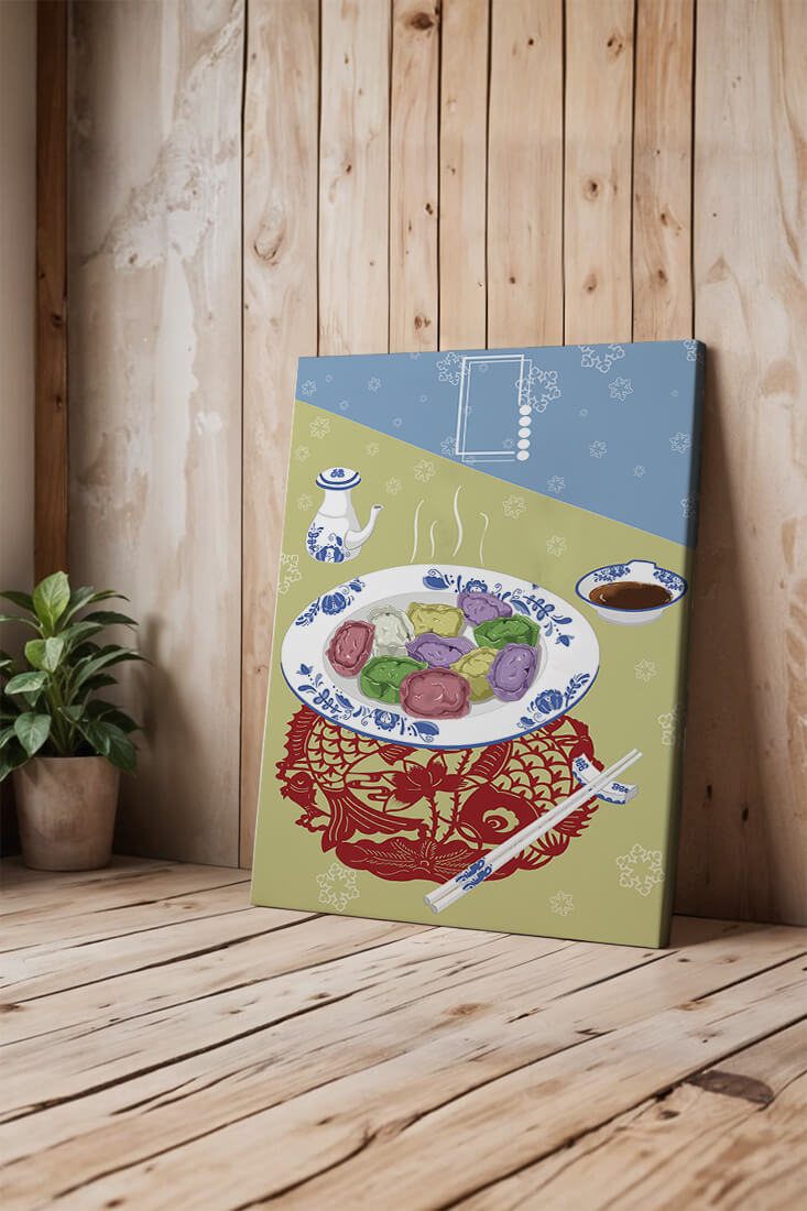 Colorful dumplings and tea set on decorative mat