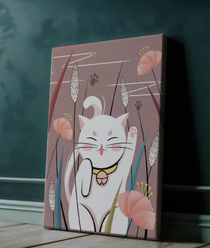Ilustración de un gato maneki-neko en un entorno de jardín floral