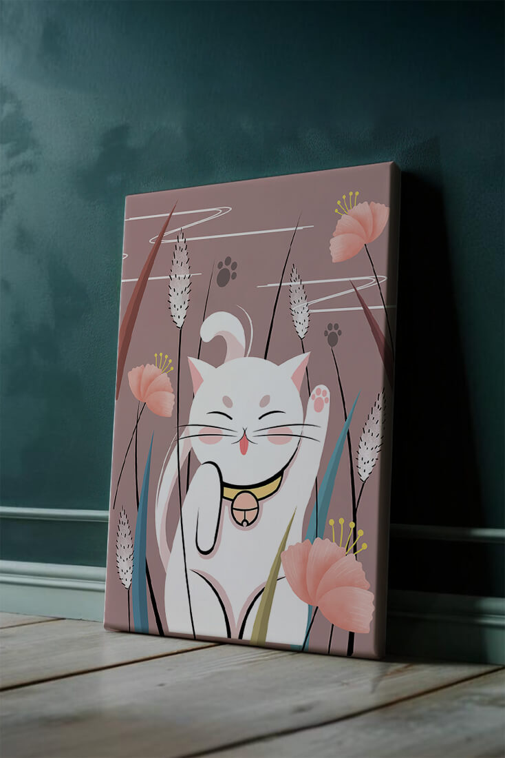 Illustration of a maneki-neko cat in a floral garden setting