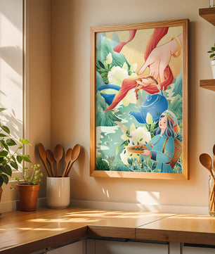 Escena ilustrativa de la cultura del té con montañas y elementos florales