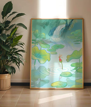 Serene pond scene with lotus leaves and waterfall