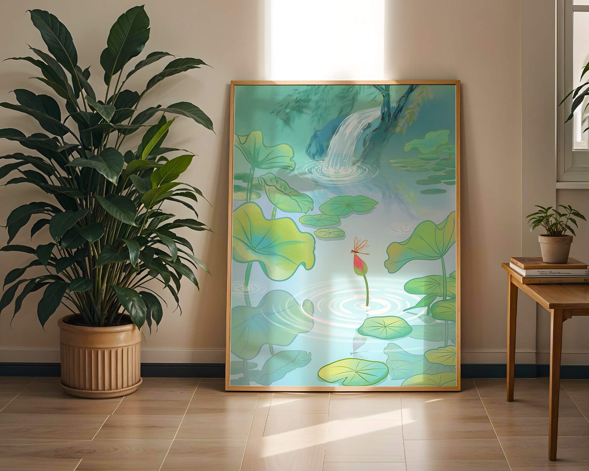 Serene pond scene with lotus leaves and waterfall