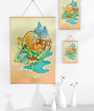 Ilustración con tema de cosecha con una cesta de productos y un fondo panorámico.