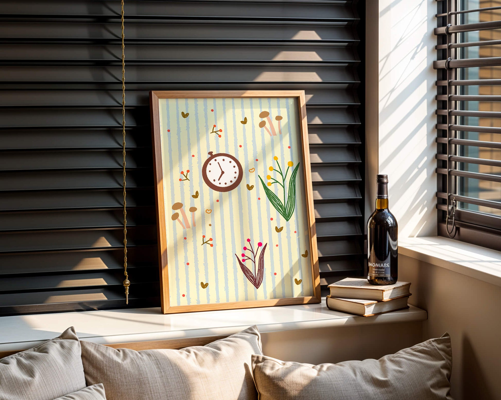 Whimsical pattern with clock, mushrooms, and florals on striped background