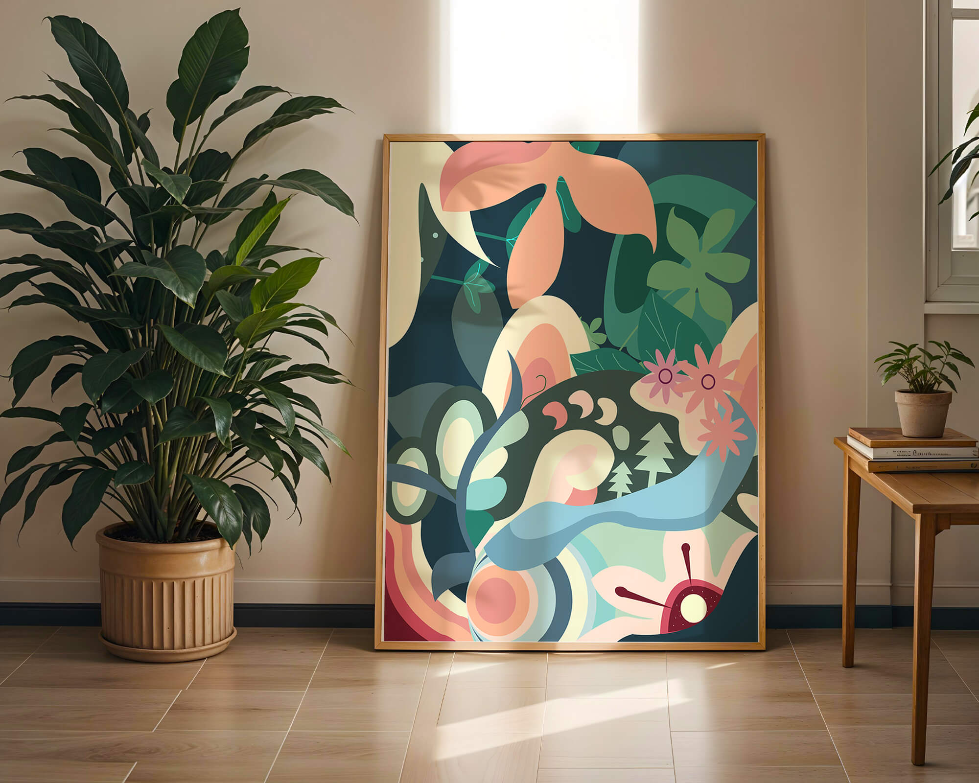 Abstract floral illustration with pastel colors and nature elements