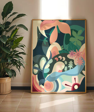 Abstract floral illustration with pastel colors and nature elements