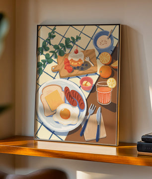 Escena de desayuno colorida con comida y bebida