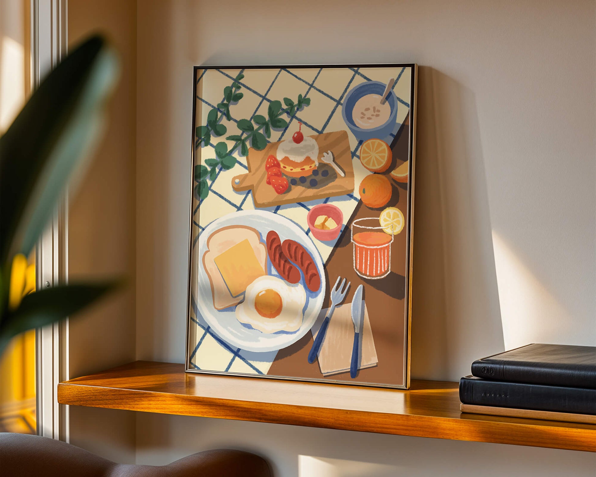 Escena de desayuno colorida con comida y bebida