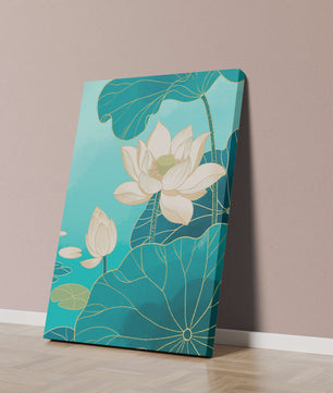 Lotus Flowers with Golden Accents on Aqua Background